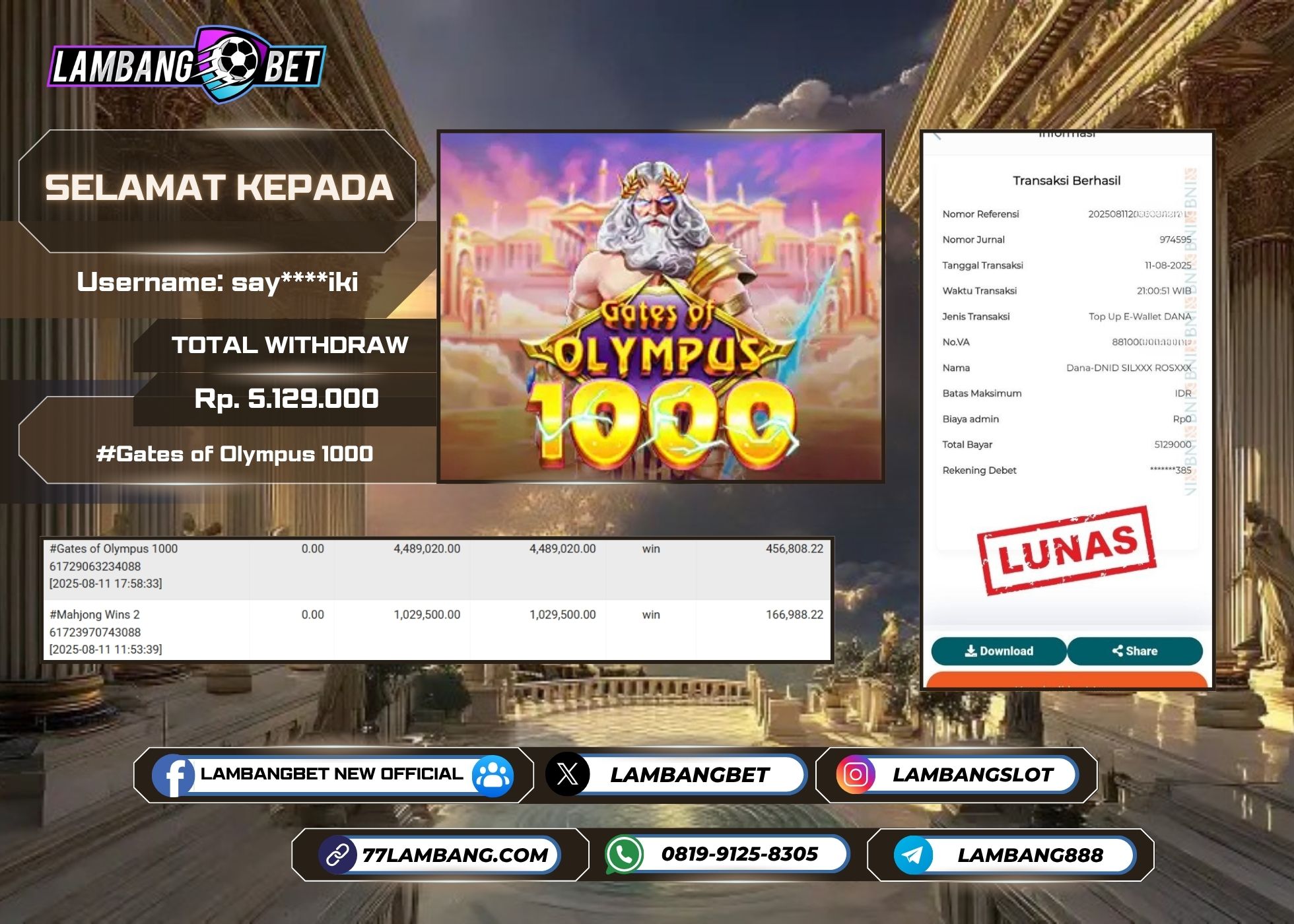 LAMBANGBET [11 AUGUST 2025] JACKPOT SLOT Gates of Olympus 1000 "Rp5.129.000" LUNAS